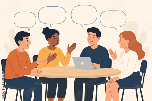 Diverse business team brainstorming ideas at round table, engaging in creative discussion, teamwork, collaboration, thought process, group meeting, communication, modern office concept illustration