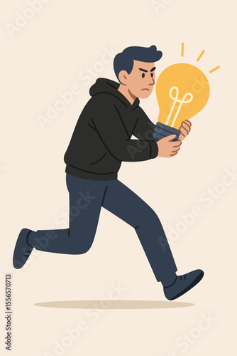 Plagiarism concept with thief stealing an idea. Man running with a light bulb. Intellectual property theft, copyright infringement metaphor. Unfair competition cartoon vector illustration.
