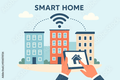 Smart Home Automation Concept Vector. Wireless Internet Wi-Fi Data Transfer and Communication. Remote Control of Apartment Buildings via Tablet. Modern Connected Urban Living Illustration