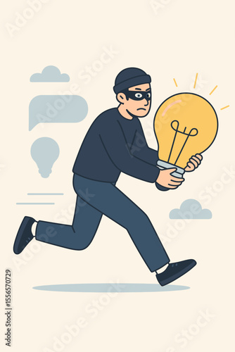 Intellectual property theft concept. Cartoon thief running with stolen light bulb idea. Plagiarism, idea stealing, copyright infringement, creative theft, innovation robbery, flat vector illustration.