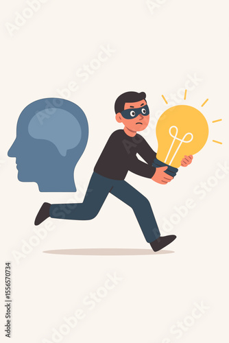 Intellectual property theft concept. Man running away with stolen idea light bulb. Plagiarism, stealing ideas, copyright infringement, creative theft, brain, innovation, flat vector illustration.