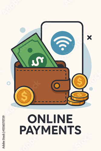 Digital wallet with dollar bills, gold coins, smartphone, wireless payment icon. Online payment, mobile banking, e-wallet, cashless transaction, finance management. Modern flat vector illustration