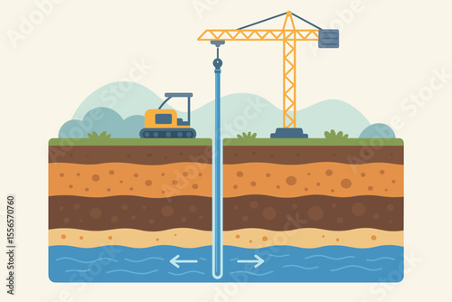 Groundwater Extraction System Vector Illustration. Geological Soil Layers Cross Section. Water Well Drilling, Pipe Installation, Construction Crane, Modern Flat Design. Hydrology, Engineering Concept