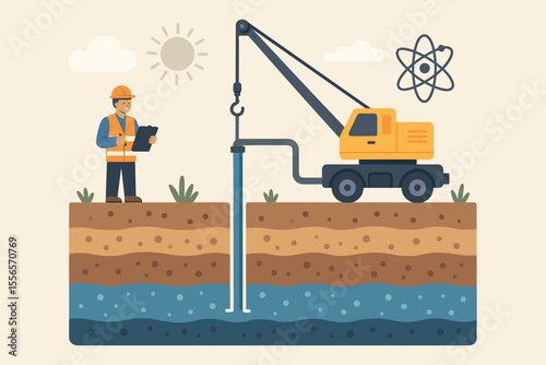 Groundwater Extraction Process, Geology Engineer with Crane, Soil Layers Cross Section, Water Well Drilling, Modern Flat Vector Illustration, Hydrology, Environmental Engineering Concept