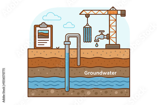 Groundwater Extraction System Vector Illustration. Geological Cross Section, Soil Layers, Water Well, Pipe Installation, Construction Crane, Water Supply, Environmental Study, Modern Flat Design