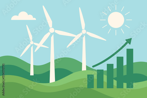 Renewable Energy Growth Concept. Wind Turbines on Green Hills. Sustainable Power Generation. Alternative Energy Sources. Eco-Friendly Technology. Rising Bar Graph. Clean Energy Development Vector