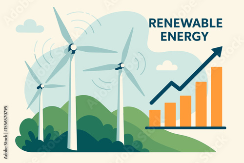 Wind Energy Growth Vector Illustration. Renewable Alternative Energy Concept with Modern Wind Turbines, Rising Bar Chart, Clean Technology, Environmental Sustainability, Green Power Generation