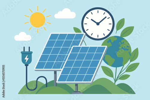Solar energy generation concept. Renewable alternative energy technology. Photovoltaic solar panels, sun, clock, plug, earth, leaves. Eco-friendly electricity, green power, sustainable environment.
