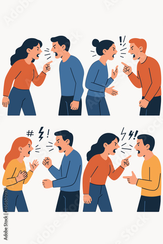 Conflict resolution, couple argument, people shouting, emotional stress, aggressive communication, relationship problems, angry man and woman, quarrel, yelling, flat vector illustration set