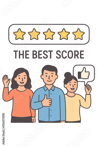 Five Star Rating Vector Illustration. Customer Feedback, Best Performance Score, Client Satisfaction Review, Positive Comments, Success Evaluation, Quality Service, People Giving Thumbs Up