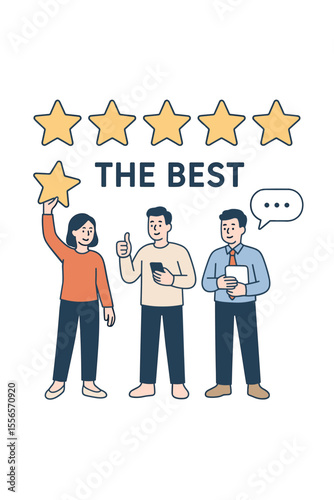 Five Star Rating Vector Illustration. Customer Feedback and Review Concept. People Giving Best Performance Score, Leaving Comments, Evaluating Service Quality, Success in Business, Satisfaction Survey