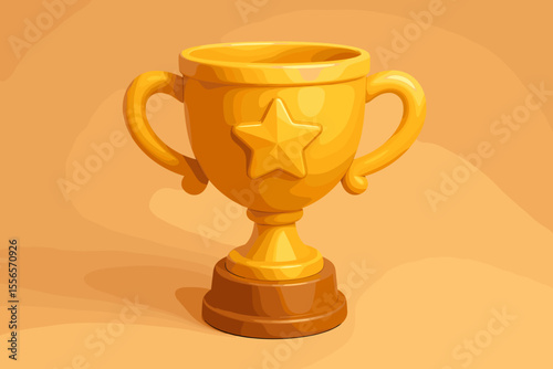 Golden trophy cup with a star, 3D vector icon. Cartoon winner prize for victory and success. Champion award for sport competition achievement. First place symbol concept render isolated.