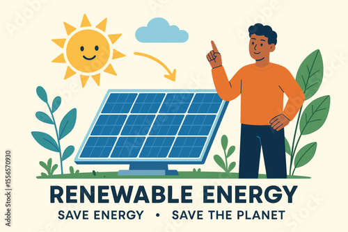 Renewable Energy Concept Vector Illustration. Solar Power Generation with Solar Panels, Sun, and Eco-Friendly Plants. Clean Energy, Sustainability, Environmental Conservation, Save the Planet Design