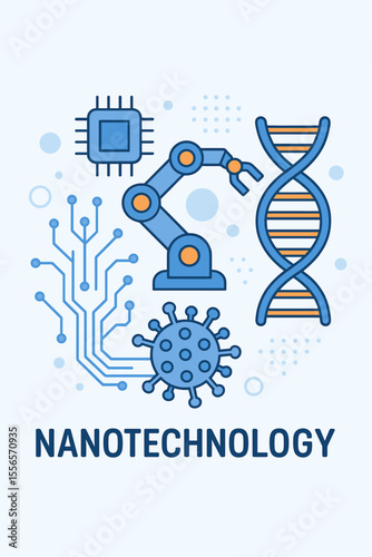 Nanotechnology Vector Illustration with DNA Structure, Microchip, Robotic Arm, Circuit Board, Virus Cell. Modern Science Concept, Biotechnology, Molecular Engineering, Digital Technology Design