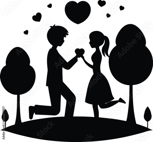 One knee proposal scene of a boy with heart expressing love in romantic style silhouette vector