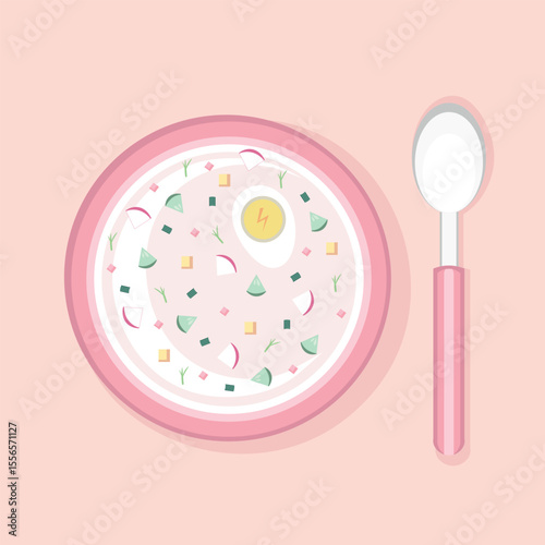 Okroshka, cold soup. Vector Illustration for printing, backgrounds, covers and packaging. Image can be used for greeting cards, posters, stickers and textile. Isolated on white background.
