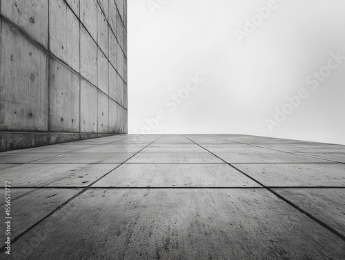 Image features modern architectural scene with concrete walls and clear sky, emphasizing minimalism and geometric lines, evoking feelings of openness and simplicity