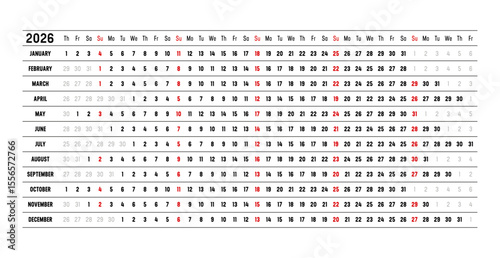 Year 2026 wall calendar with aligned dates, in English. One page timeline, linear and horizontal