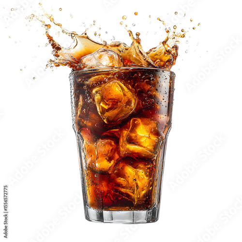 Refreshing Cola Drink with Ice Cubes Splashing on transparent Background