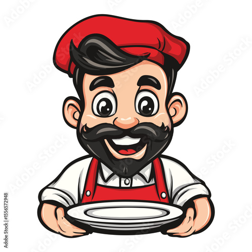 A waiter in a suit holds a tray. Waiter with a dish. Cartoon Vector