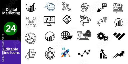Digital Marketing Icons Set – Editable Line Icons for SEO, Ads, Social Media & Analytics