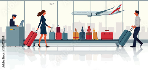 Airport baggage claim vector illustration with passengers and luggage on conveyor belt scene design