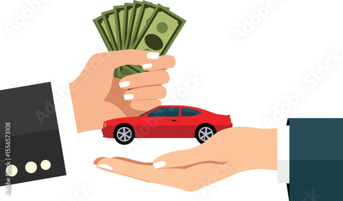 Buying a new car concept illustration with money and vehicle for sale or purchase transaction deal