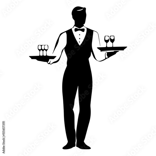 A waiter in a suit holds a tray. Waiter with a dish. Cartoon Vector