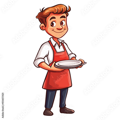 A waiter in a suit holds a tray. Waiter with a dish. Cartoon Vector