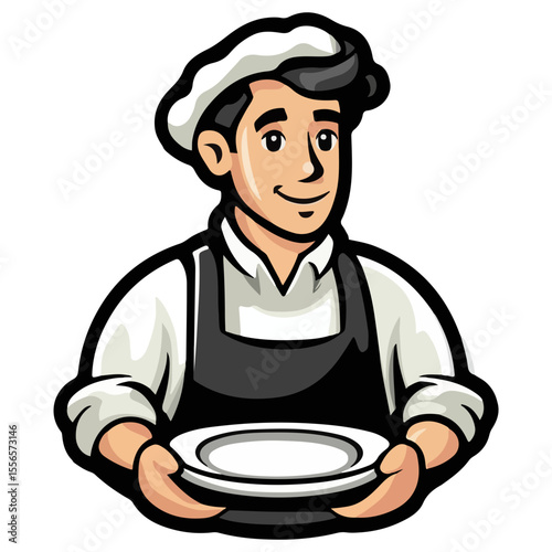 A waiter in a suit holds a tray. Waiter with a dish. Cartoon Vector