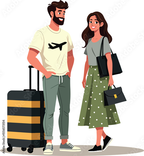 Couple traveling together illustration with luggage and bags ready for vacation or business trip