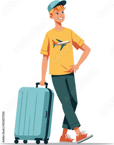 Young man traveler with luggage ready for travel vacation trip adventure tourism and airport travel