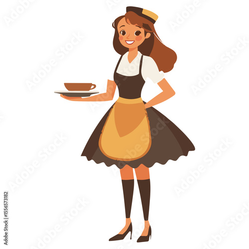 A waiter in a suit holds a tray. Waiter with a dish. Cartoon Vector