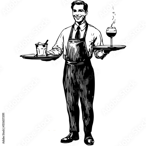 A waiter in a suit holds a tray. Waiter with a dish. Cartoon Vector