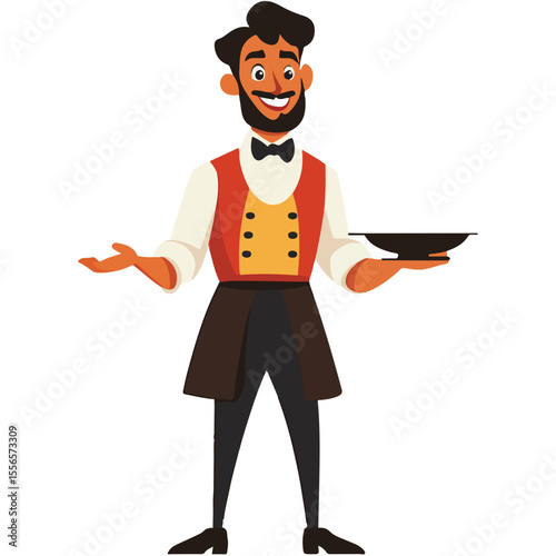 A waiter in a suit holds a tray. Waiter with a dish. Cartoon Vector