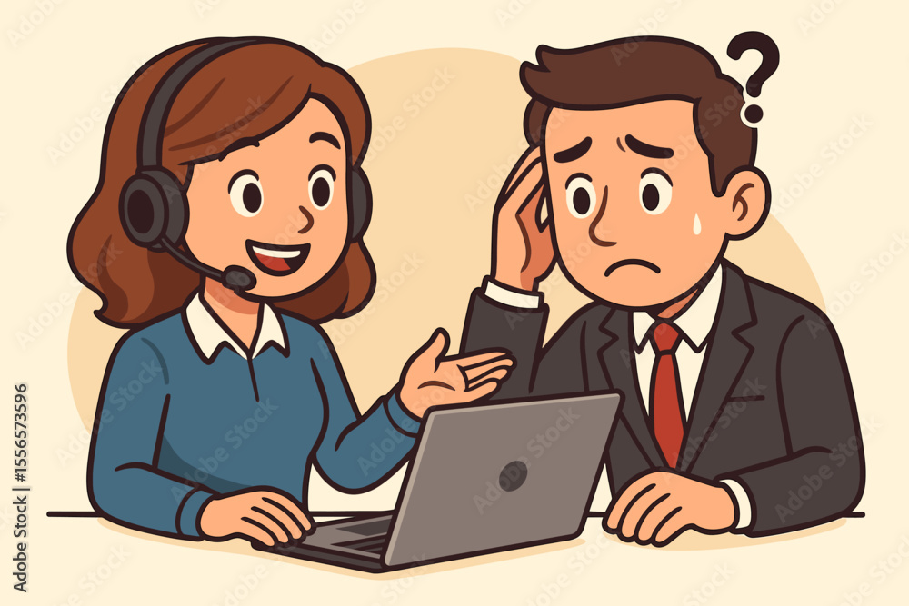 Customer support agent with headset helps a confused businessman with a problem on a laptop. Call center operator consulting a sad client. Tech support concept vector illustration. Customer support agent with headset helps a confused businessman with a problem on a laptop. Call center operator consulting a sad client. Tech support concept vector illustration.