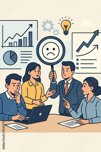 Business team meeting to analyze problems and find solutions. Concept of corporate data research, identifying issues with a magnifying glass, and developing a strategy for growth.