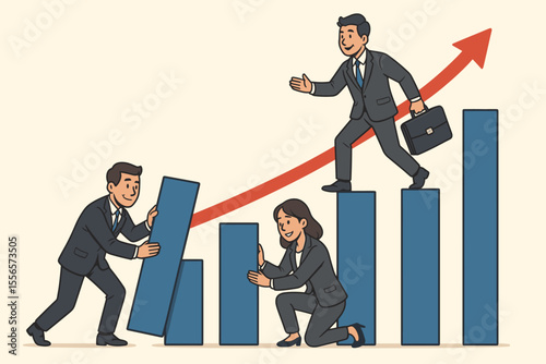 Corporate team building an ascending financial graph. Teamwork concept for business growth, success, and strategy. Man climbing the career ladder on a bar chart vector illustration.