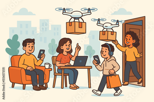 Family enjoying convenient online shopping with futuristic drone delivery service. Contactless package delivery by quadcopter to a modern home. E-commerce and logistics automation concept.