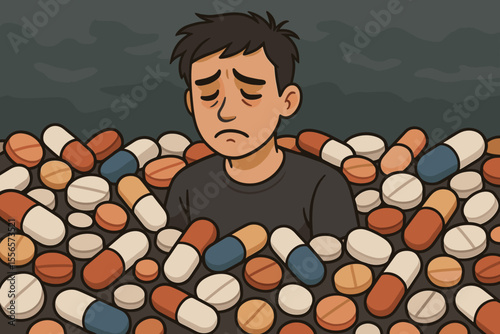 Depressed patient drowning in medications. Metaphor for mental health crisis, drug addiction, or prescription dependency. Sad young man overwhelmed by a sea of pills. Vector cartoon concept.