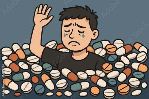 Mental health crisis metaphor. Sad, depressed patient drowning in medications and pills. Concept for anxiety, addiction, stress, and pharmaceutical dependency. Help needed concept.