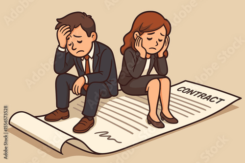 Stressed businessman and woman overwhelmed by a difficult contract. Unhappy couple worried about a lengthy legal agreement. Business problem, pressure, paperwork burden concept. Vector.