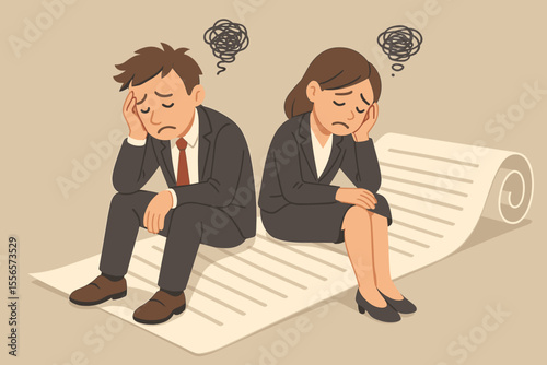 Stressed businessman and businesswoman sitting on a long contract. Overwhelmed colleagues feeling frustrated by difficult legal terms and conditions or heavy paperwork. Business burnout concept.