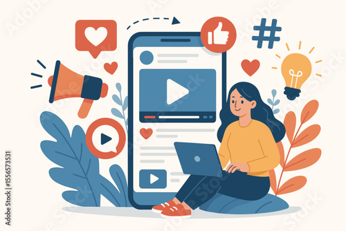 Social media marketing concept with a woman on a laptop managing digital content strategy. Online promotion with video, likes, hearts, and hashtag icons. SMM vector illustration.