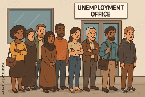 Diverse crowd of sad unemployed people waiting in a long line at the unemployment office. Multiethnic group facing job loss. Concept of economic crisis, recession, and poverty.