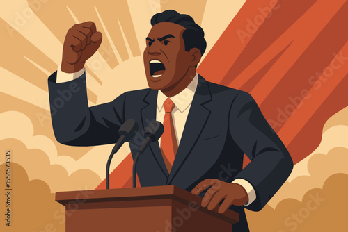 Charismatic black political leader delivering a powerful speech. Orator or activist with raised fist at a podium. Concept for protest, revolution, civil rights, leadership. Propaganda style vector.