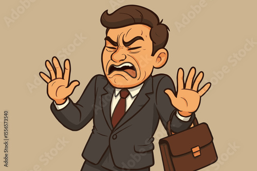 Concept of disgust and aversion. Repulsed businessman reacting with strong disapproval. Cartoon character gesturing stop, feeling sick from a bad smell or unpleasant situation.