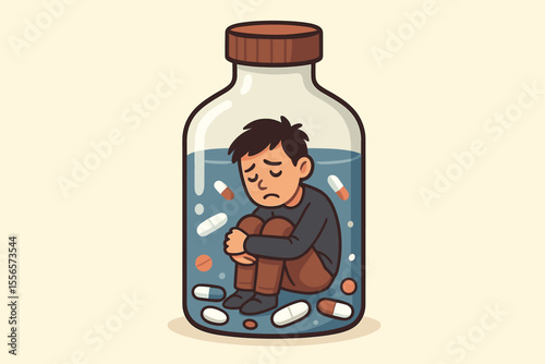 Mental health concept. Depressed man trapped in a medicine bottle with pills. Metaphor for addiction, depression, anxiety, loneliness, and medication dependency. Psychology illustration.