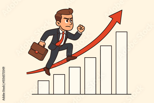 Business growth concept with a determined cartoon man running on a red arrow over a bar chart. Metaphor for success, ambition, profit, career path, progress, and achievement.