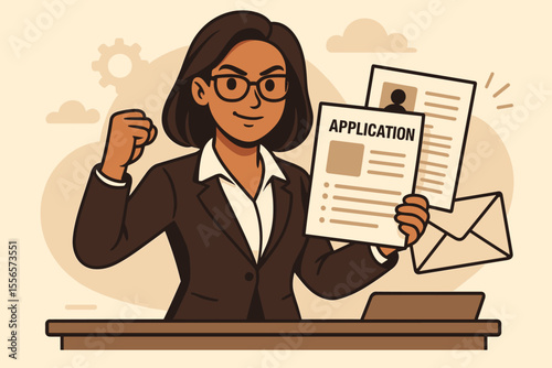 Confident job seeker woman holding application and resume. Determined businesswoman excited about career opportunity. Vector concept of employment, hiring, and human resources.
